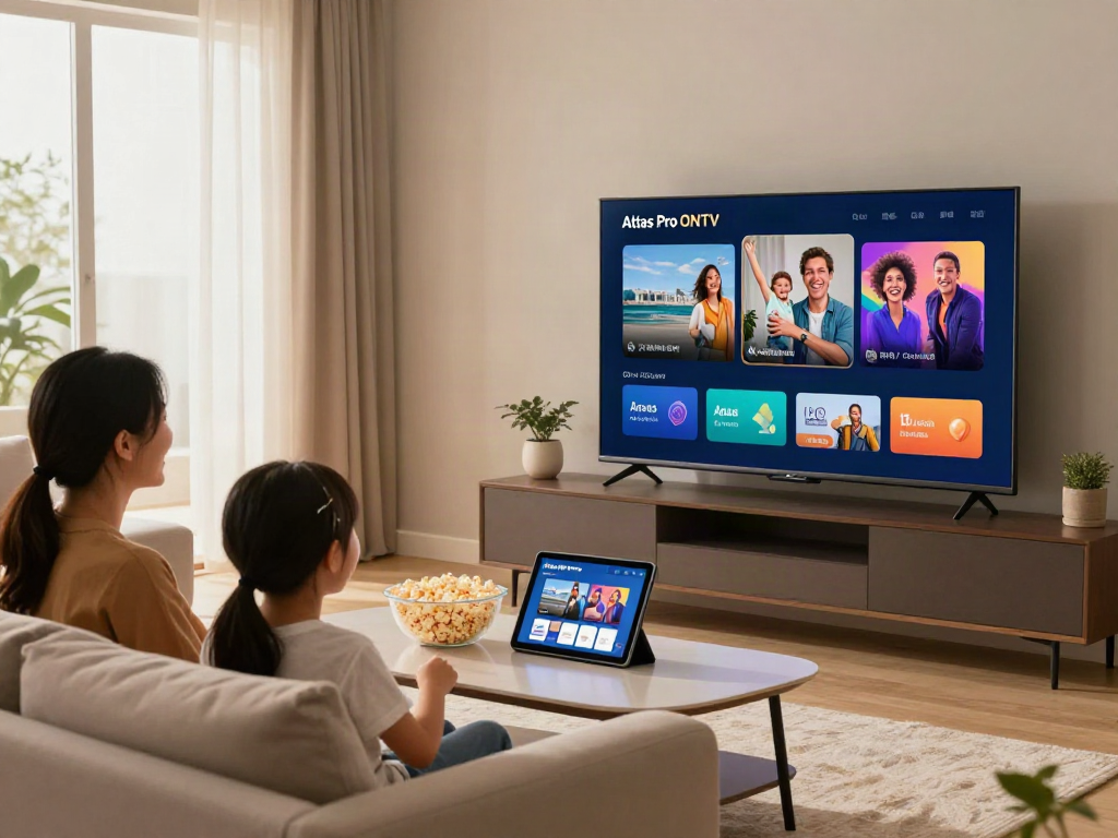 Aperçu de la famille profitant d'Atlas Pro ONTV sur Smart TV dans leur salon moderne.