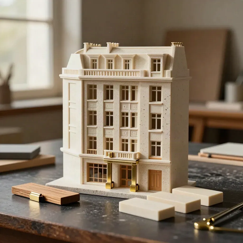 Maquette d’appartement parisien, échantillons pierre et bois, pinces en laiton sur une table sombre.