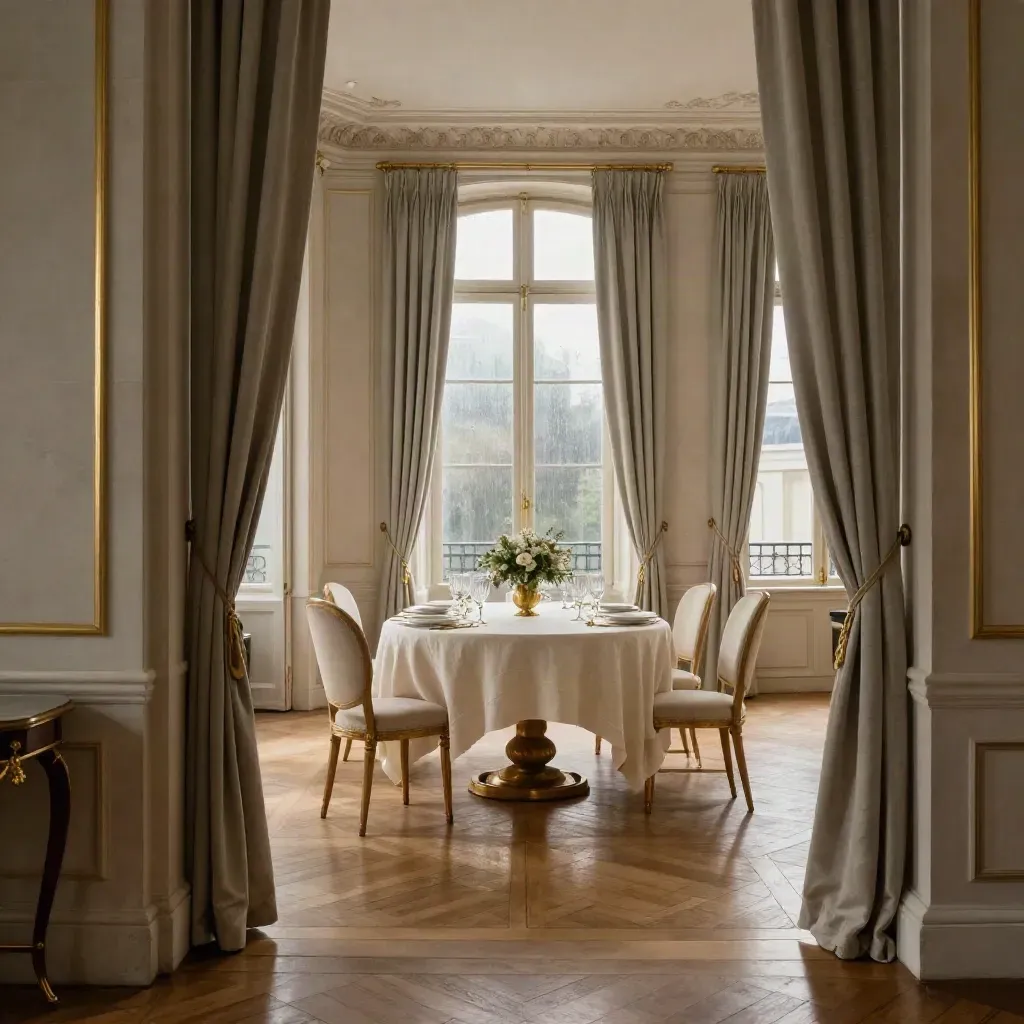 Salon haussmannien rénové, table dressée au fond, lumière matinale douce.