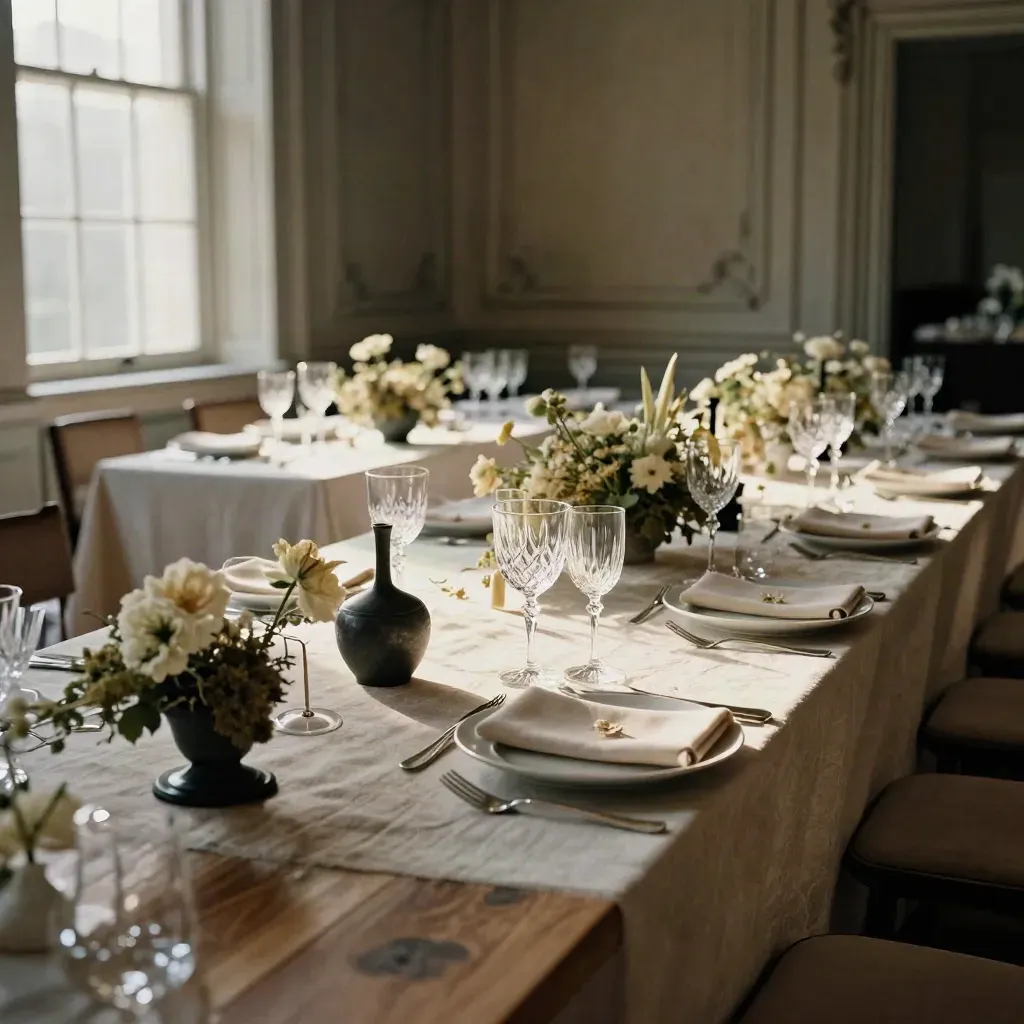 Grande table de dîner dressée dans un salon élégant, prête pour accueillir les invités.