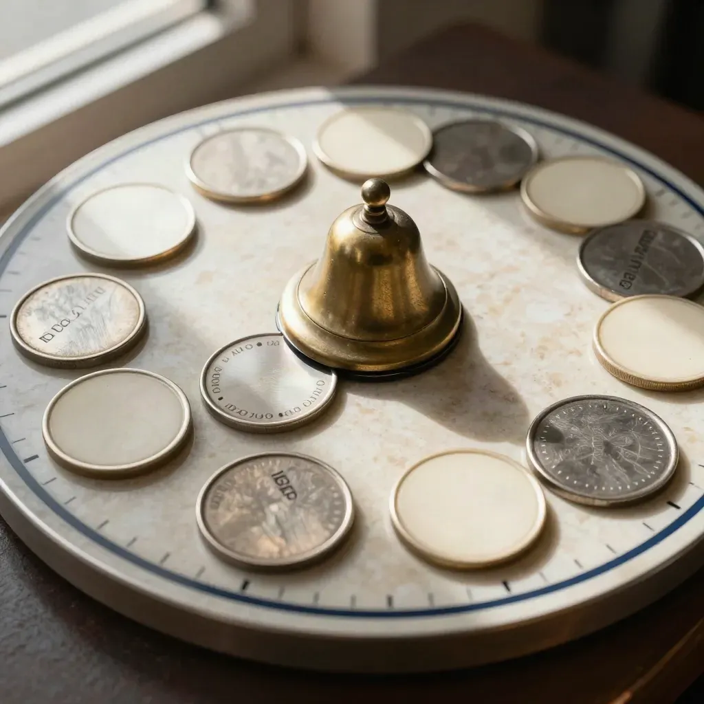 Disque horaire en métal, jetons de rendez-vous et cloche de bureau sur travertin, vue plongeante.