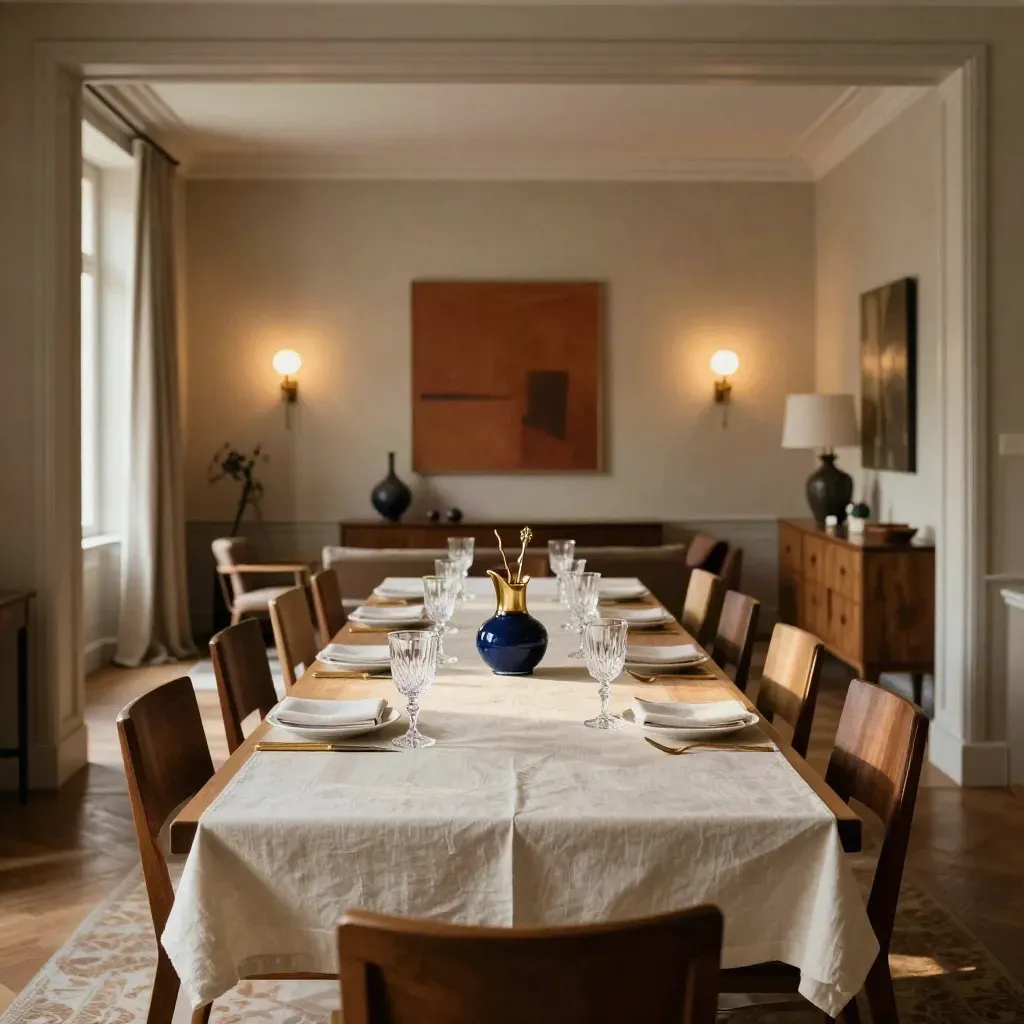 Salon-salle à manger prêt pour un dîner privé, table dressée pour dix-huit et lumière chaude.