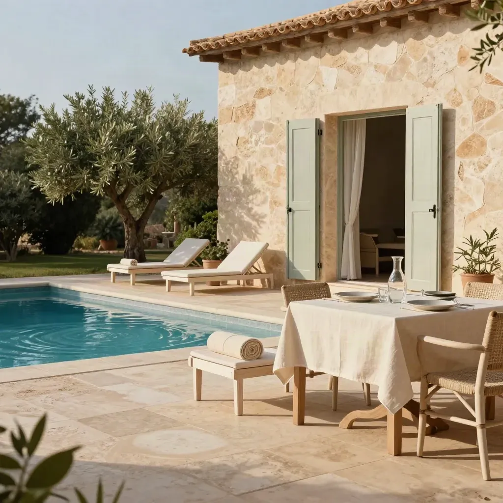 Villa méditerranéenne finie, piscine calme, serviettes roulées et table d’été dressée.