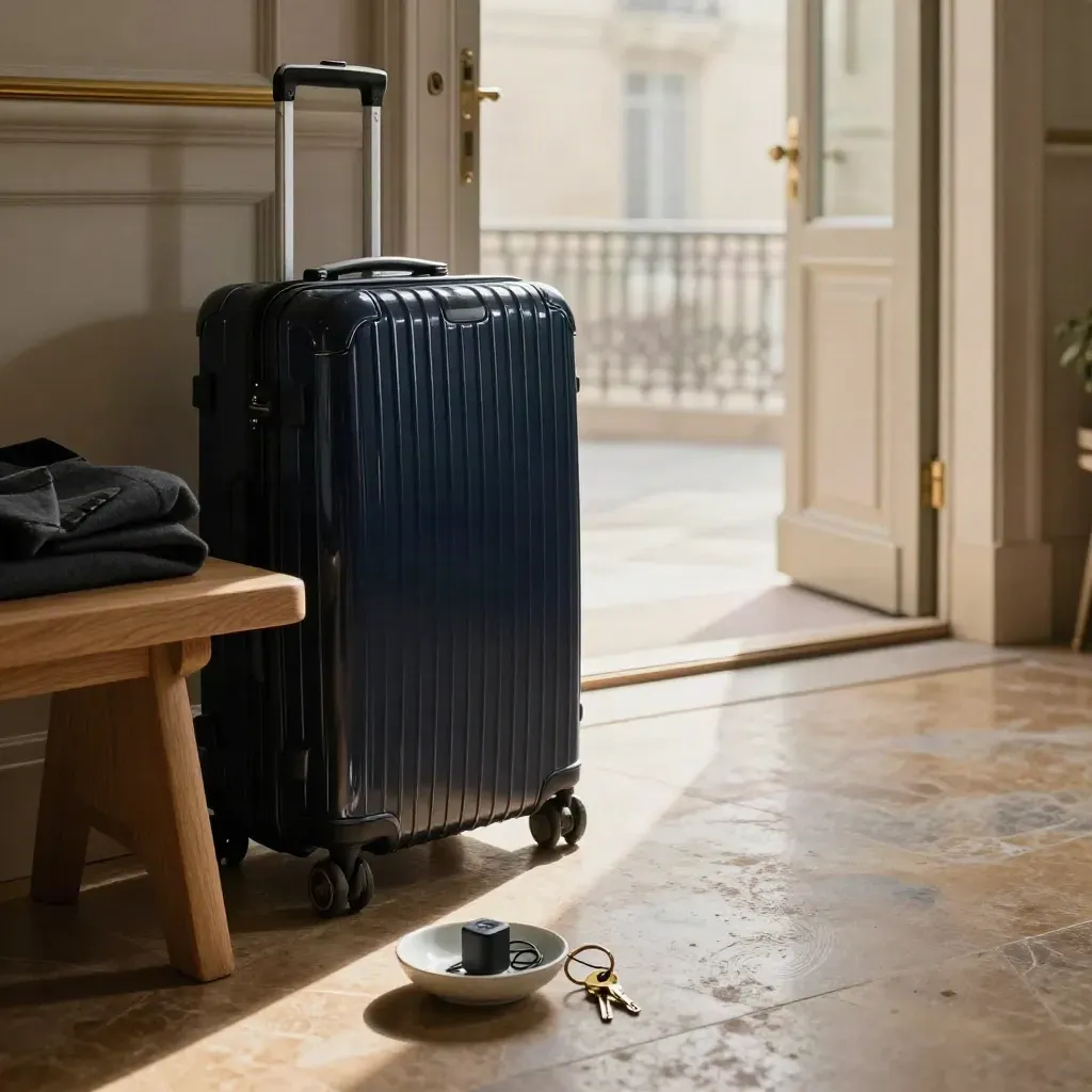 Entrée rangée avec valise cabine, veste pliée, clés et chargeur près d’une porte ouverte.