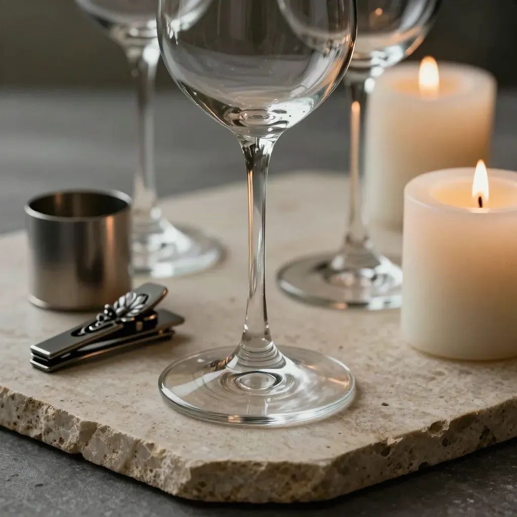 Verres à pied, anneau de serviette, pince à bouquet et bougies sur pierre.