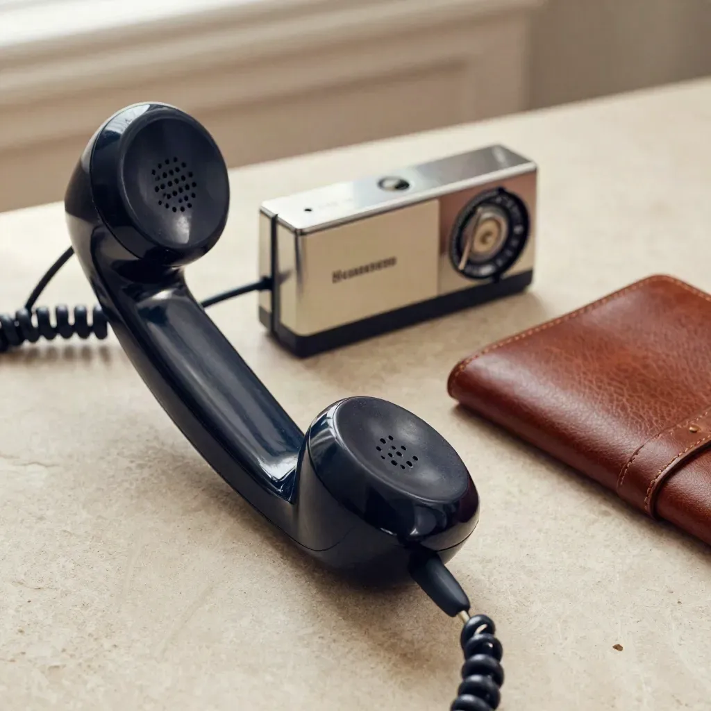 Combiné téléphonique en bakélite, minuteur et carnet en cuir sur pierre claire.