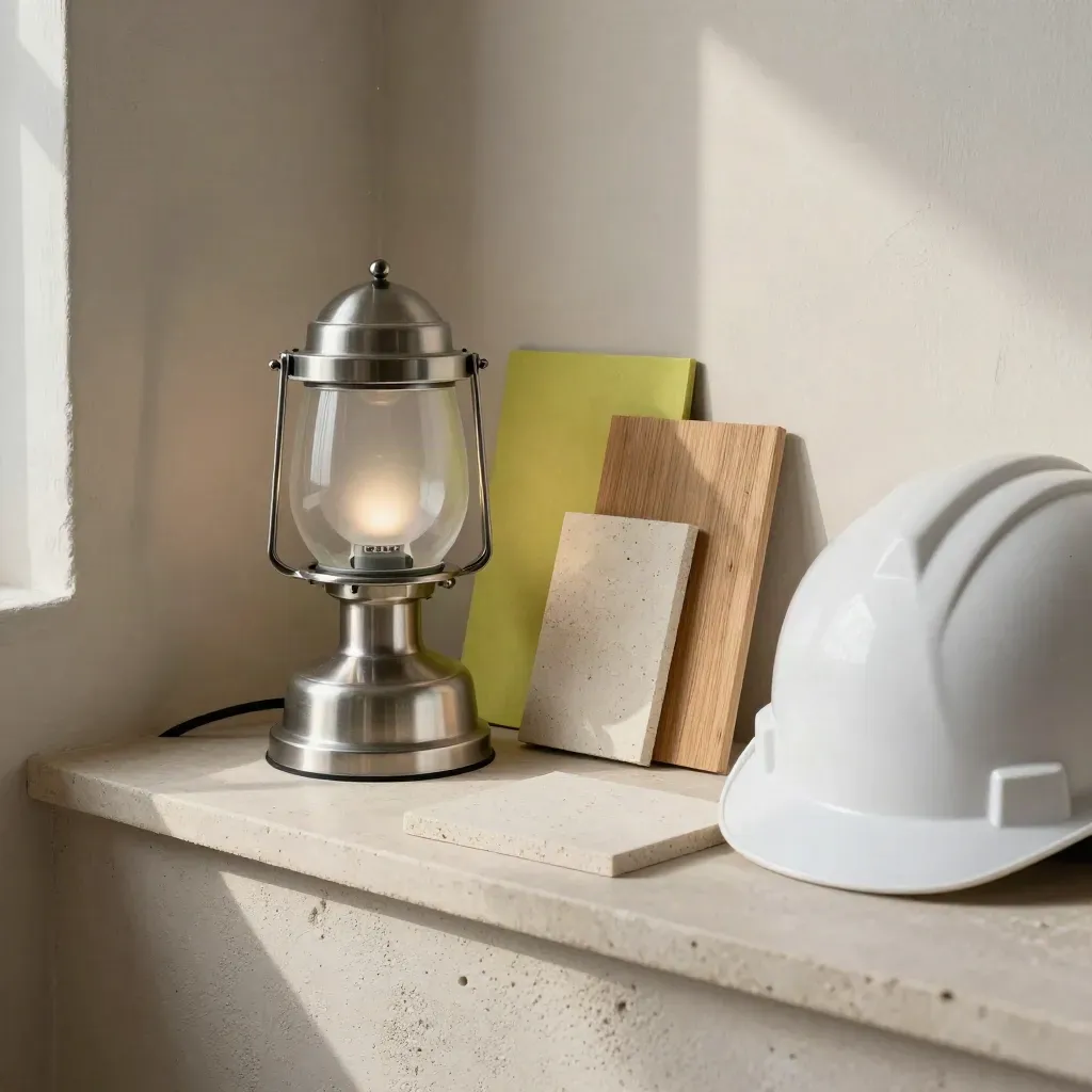 Casque blanc, lampe de chantier et échantillons de matériaux poussiéreux sur une niche en plâtre.