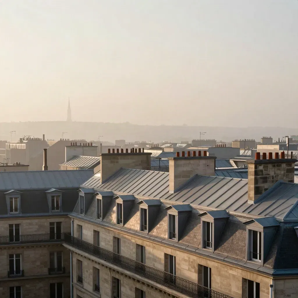 Toits parisiens dans la brume à l’aube, façades de pierre claire et tour lointaine.