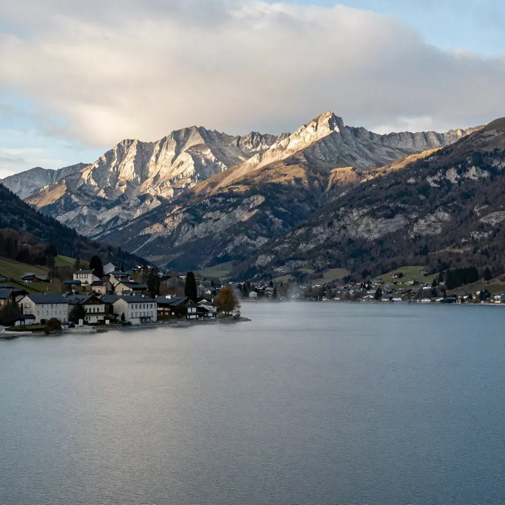 Lac alpin brumeux, ville discrète au bord, crêtes claires sous des nuages déchirés.